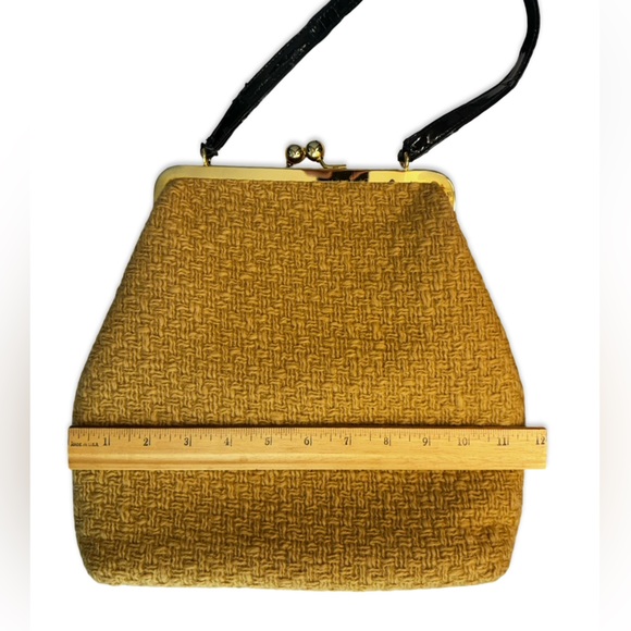 Glenda Gies Kiss-lock Gold/Brown Tweed Harvest Gold 60s Barkcloth interior purse - Picture 7 of 10